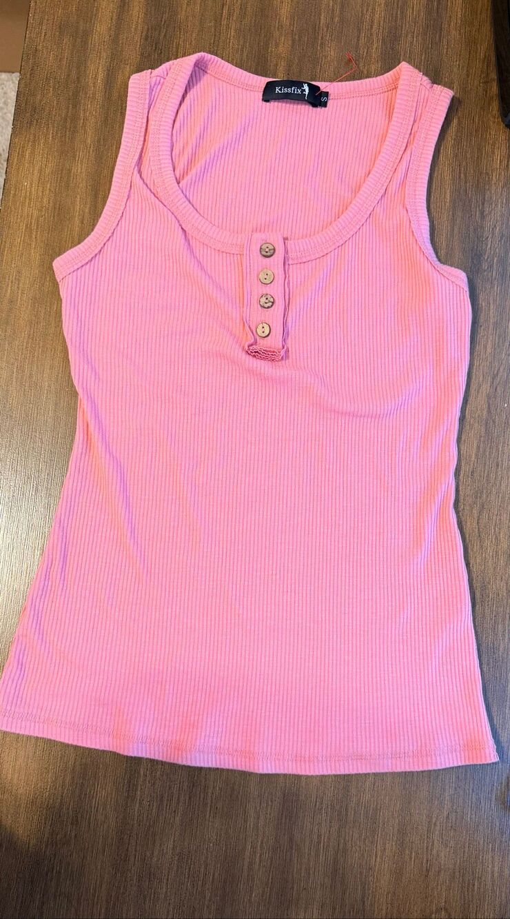 Kissfix Pink Ribbed Knit Button-Front Henley Tank Top Women's Size Small S